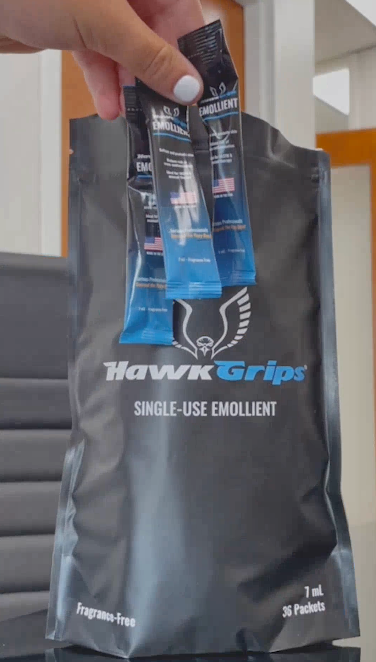 Single-use emollient cream packets used during manual therapy with HawkGrips IASTM tools, showing convenient, mess-free application ideal for clinicians on the go.