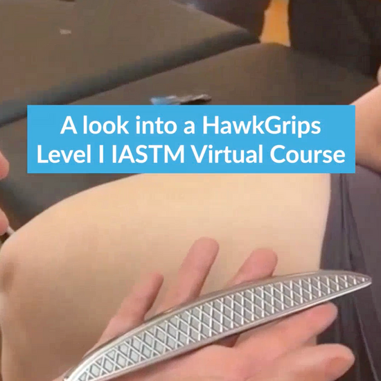 Preview of HawkGrips Level I IASTM Virtual Course featuring Dr. Jim Wagner demonstrating the Scanner tool on the quadricep, highlighting instrument-assisted soft tissue mobilization techniques for varying tissue tensions.