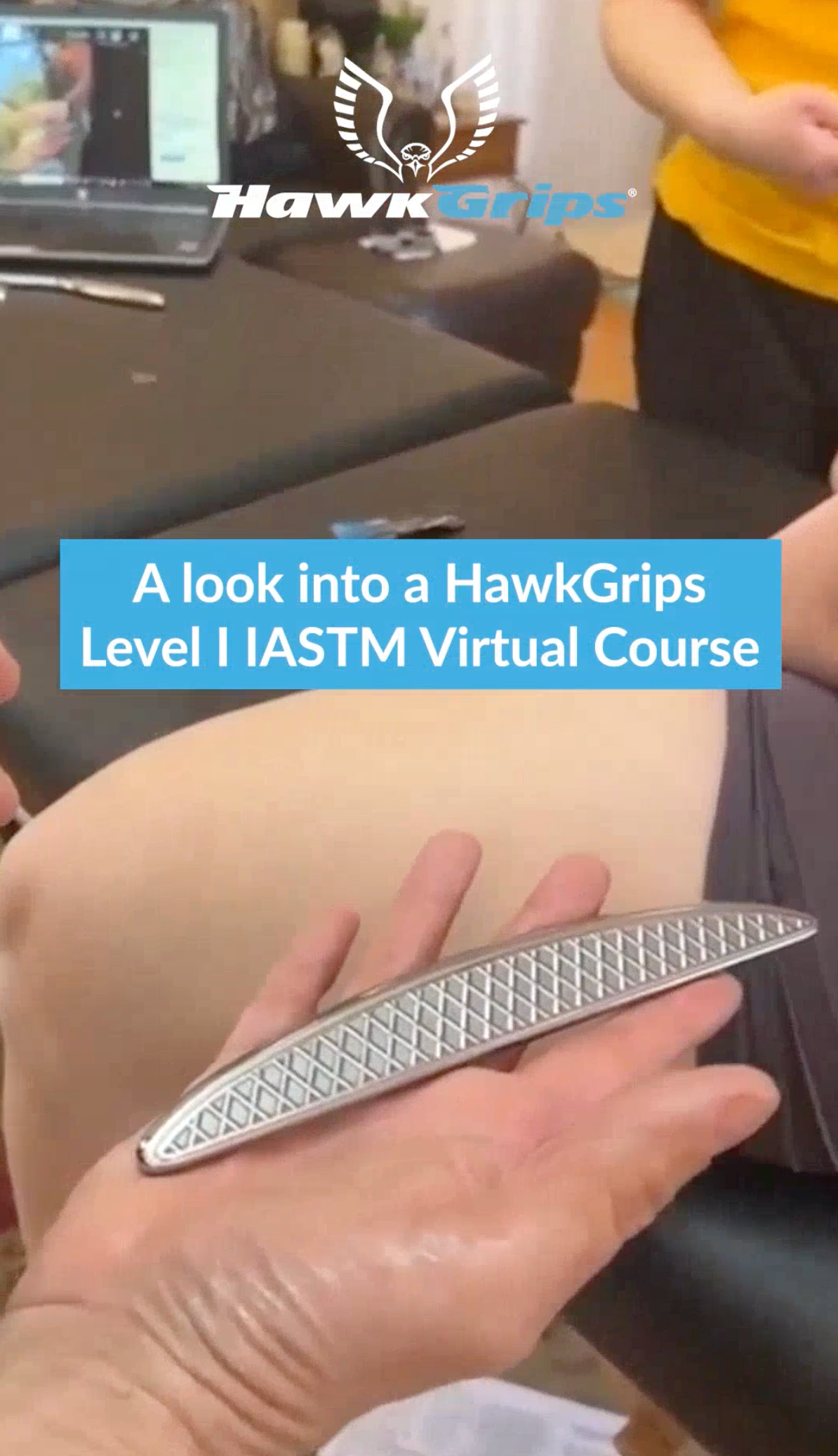 Preview of HawkGrips Level I IASTM Virtual Course featuring Dr. Jim Wagner demonstrating the Scanner tool on the quadricep, highlighting instrument-assisted soft tissue mobilization techniques for varying tissue tensions.